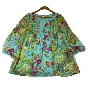 Fig & Flower Sheer Boho Popover Blouse Size 1X Mint Green Colorful Peasant